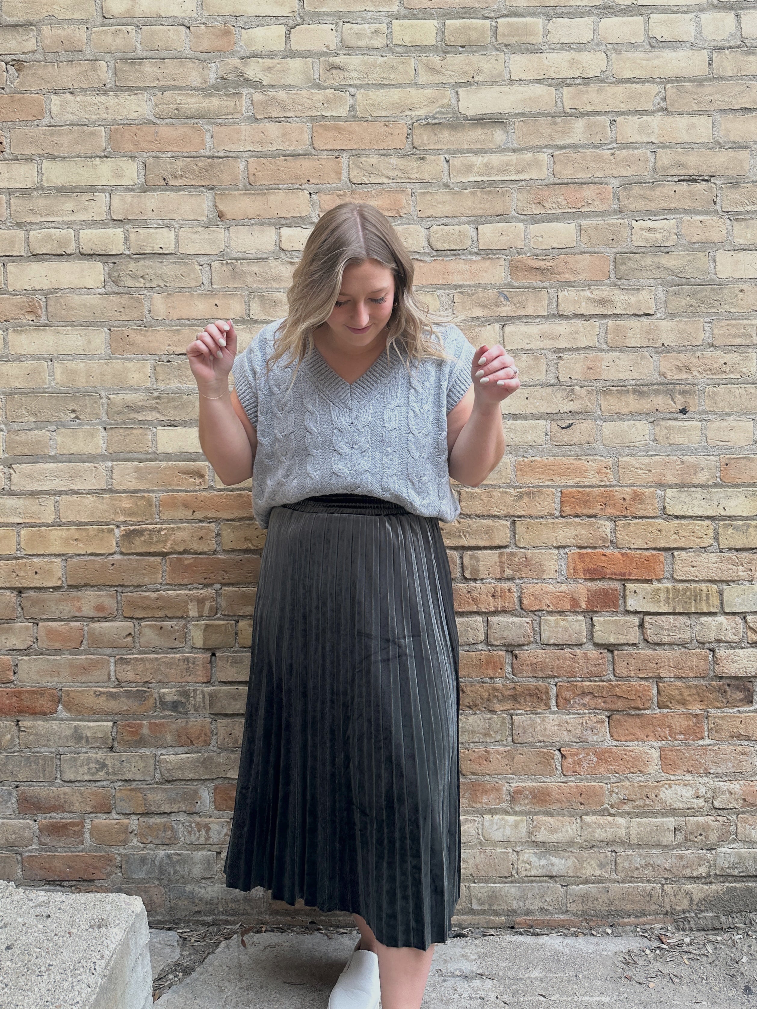 Grey pleated hotsell velvet midi skirt